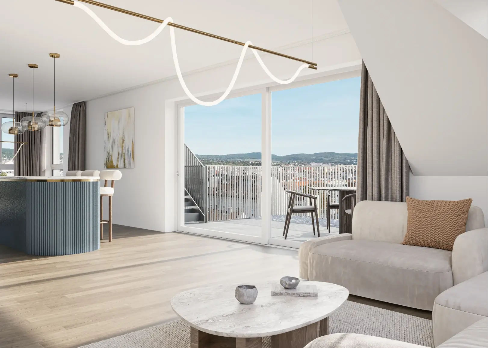 The Arik zeigt ein modernes Wohnzimmer mit Zugang zur großen Terrasse und Ausblick ins Grüne.