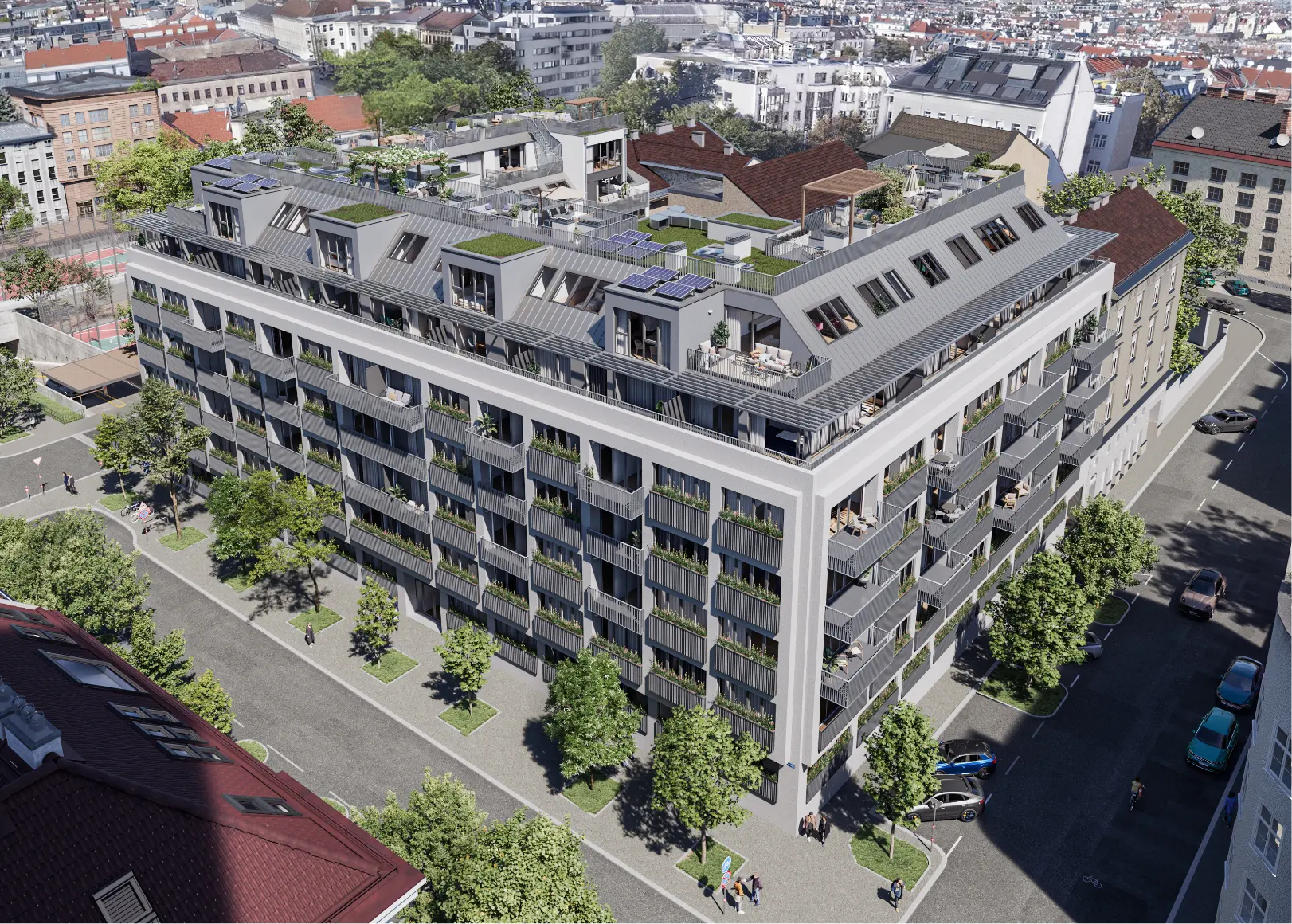 Modernes Wohngebäude in Wien mit Balkonen, Dachterrassen und Solarpaneelen.